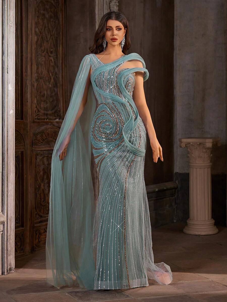 Luxuriöses Salbeigrün Pailletten Meerjungfrau Maxi Kleid mit elegantem Schal - Fesselndes Spiral Perlen Formal Kleid für Gala Hochzeitsparty