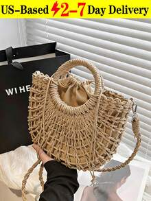 1pc Half-Moon Hollow Out Handbag, Fashionable Beach Vacation Straw Woven Bag,Vacation Bag For Summer, Perfect For Beach Vacation, Travel, Shopping, And Vacation Essentials, Eye-Catching Beach Bag Summer, Summer Straw Beach Bag For Women, Hottest Beach Bags For Women, Fashion Summer Vacation Bag, Beach Essentials Women Bags For Vacation & Holiday, Newest Holiday Bag ,Vacation Essentials , Beach Bag, Vacation, Woven Bag, Straw Bag - Màu Khaki - Xem 1