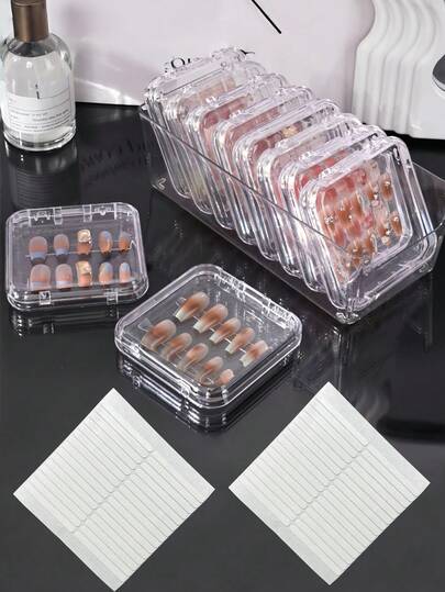 2pcs Transparent Nail Storage Boxes With Snap Buttons, Plastic False Nail Display Boxes, Includes 30 Adhesive Strips, For False Nails And Nail Salon Accessory Bag