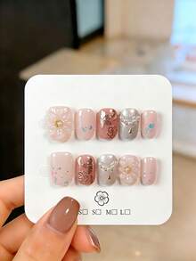 10pcs Handmade 3D Floral Nail Art Stickers, Transparent Flower Design With Pearl Decor, Reusable Nail Accessories, Suitable For Women And Girls, Party, Wedding, Daily Wear, DIY Manicure, Includes Tools Press On Nails - Pink - View 14
