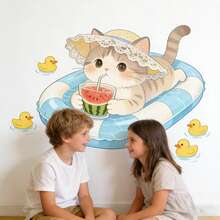 Cartoon Swimming Pool Kitty Wall Stickers, Beach Holiday Decals, Suitable For Children's Room, Bedroom, Kindergarten, Living Room Decor, Ideal For Wall Decoration And Party Background - Multicolor - View 6