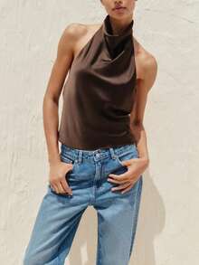 Women Satin Halter Tops Open Back Hidden Button Crop Tops Elegant Cowl Tank Tops Summer Sleeveless Loose Vests Solid Color Going Out Shirt Streetwear - Brown - View 4