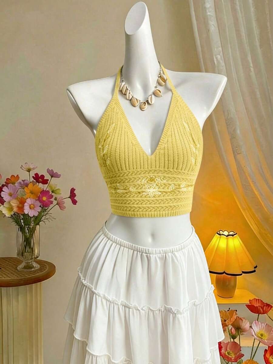 Áo nữ cổ yếm, kiểu dáng giản dị, dễ thương phong cách Y2K tối giản, thanh lịch, thích hợp cho mùa hè, đi biển, lễ hội âm nhạc Coachella. - Màu vàng - Xem 1