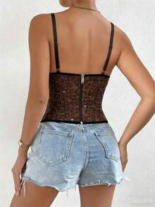 Atasan Tank Pendek Camisole Motif Leopard Gaya Jalanan Eropa untuk Pesta Liburan, Bra Elastis Push-Up Pembentuk Tulang Ikan Seksi - Coffee Brown - View 2