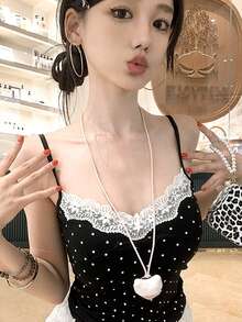 Áo hai dây ren chấm bi ngọt ngào và gợi cảm dành cho nữ mùa hè, kiểu dáng thường ngày/dự tiệc. - màu đen - Xem 4