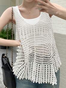 Solid Color Hollow Out Scoop Neck Casual Fashionable Knit Vest For Summer White - White - View 3