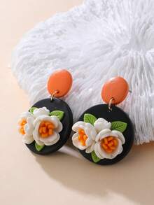 一对软陶山茶花耳环，橙色与原木色撞色设计，适合学生、乡村风、校园日常、春游、朋友聚会、生日派对、音乐节等场合，甜美少女/乡村/多巴胺风格。 - 彩色 - 查看 8