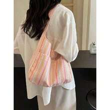 Large Capacity Women Cloth Tote Bag, Shoulder Bag, Casual Stripe Fabric Handbag , Pink , Beach - 藍色 - 查看 9