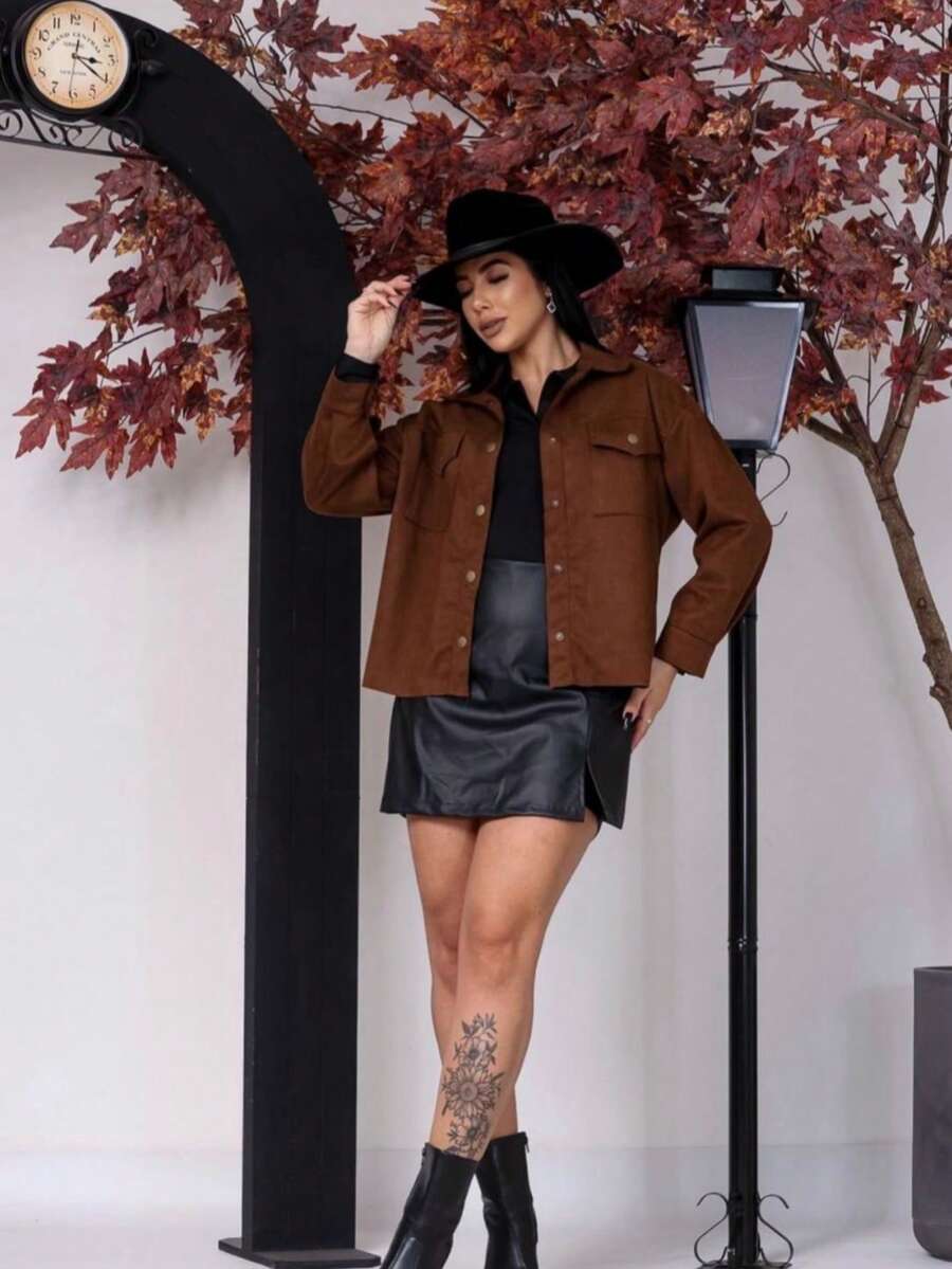 Women's Suede Winter Jacket - 鏽棕色 - 查看 1