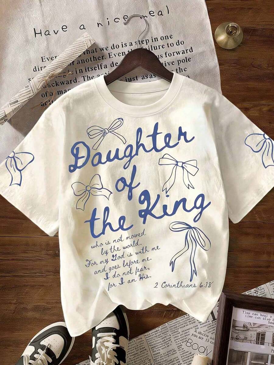 Plus Size The King's Daughter' Graphic T-Shirt, Biblical Aesthetic Faith Apparel For Women, Casual Round Neck Short Sleeve Tee With Printed Text On Back Summer - Apricot - View 1