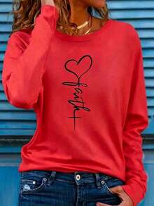 1pcLadies Long Sleeve Loose Crew Neck Top, Elegant Solid Color Polyester Knit T-Shirt, Autumn And Winter Fashion, Love Design Suitable For Women Casual White SpringY2K, Soft And Skin-Friendly, The Best Gift,Skin-Friendly And Comfortable, With A Unique Style - 紅色 - 查看 10