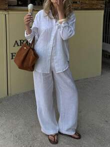 PoPoHouse 女士两件套 - 纯色棉质休闲优雅长袖翻领衬衫上衣搭配宽松阔腿裤，适合日常通勤、休闲旅行、情人节、春夏休闲女装，白色套装 - 白色 - 查看 4