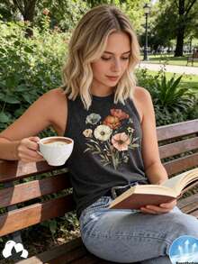Women'S Sleeveless Floral Print Tank Top-Casual & Breathable Summer Vest With Vibrant Flower Design, Lightweight, Round Neck, Perfect For Outdoor Activities - 黑色 - 查看 4