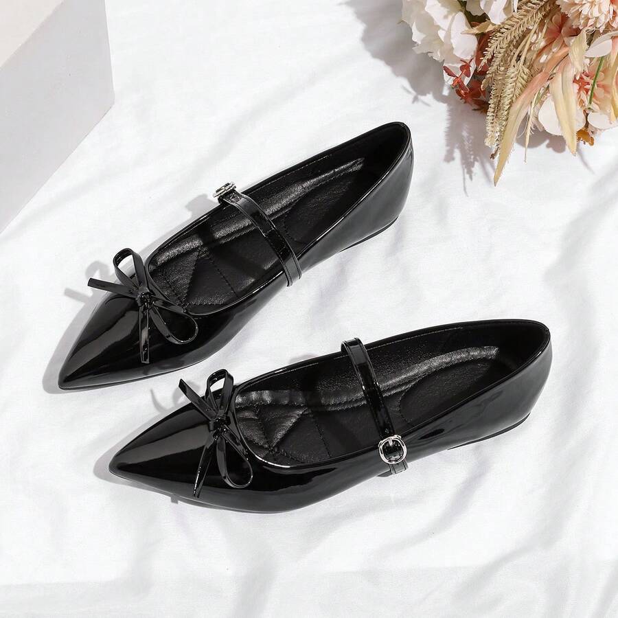 Women's Rubber Bow Tie Flat Shoes, Minimalist - Black - View 1