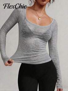 FLEXCHIC Elastic Sheer Long Sleeve Scoop Neck Fitted T-Shirt Top, Valentine's Day Edition - Grey - View 6