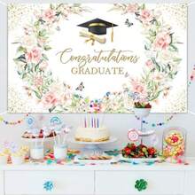 Pink Floral Graduation Banner Class Of 2026 Congratulations Graduate Backdrop Watercolor Flowers Gold Graduation Prom Party Decorations Banner Supplies 6x3.6ft - 粉紅色的 - 查看 4