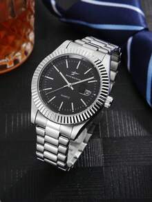 Đồng hồ đeo tay nam chạy bằng pin thạch anh, dây đeo thép cổ điển, hiển thị lịch, nhiều màu sắc để lựa chọn, phụ kiện thời trang thường ngày đa năng. - Bạc - Xem 3