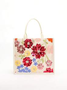 1pc Colorful Sequin & Mesh Patchwork Linen Tote Bag, Fashion Floral & Leaf Embroidery Design, Large Capacity Square Shoulder Bag, Casual Vacation Style Shopping Bag (Floral Pattern Randomly Distributed) - Multicolor - View 4