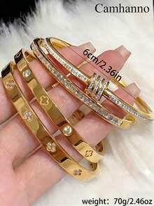 Camhanno 5/1pc Refined Graceful Stainless Steel Bangle Set, 5Pcs Seamless Stackable Design With Inlaid Decor & Mixed Accent, Blends With Work Attire And Evening Gatherings, Modern Mixed Style Enhances Any Look, Heartfelt Present For Close Companions On Special Days, Adds A Touch Of Sophistication To Intimate Dates And Daily Commute - Multicolor - View 11