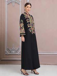 Black Embroidered Lightweight Middle Eastern Dubai 3D Oversized Pattern Rope Embroidery Rhinestone Elegant Dress - Black - View 3