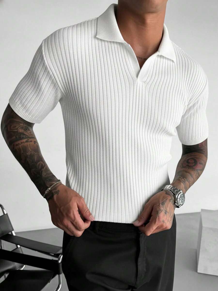 Men's Short Sleeve Knit Sweater, Casual Striped Polo Collar Pullover Knitwear Top For Spring Autumn - White - View 1