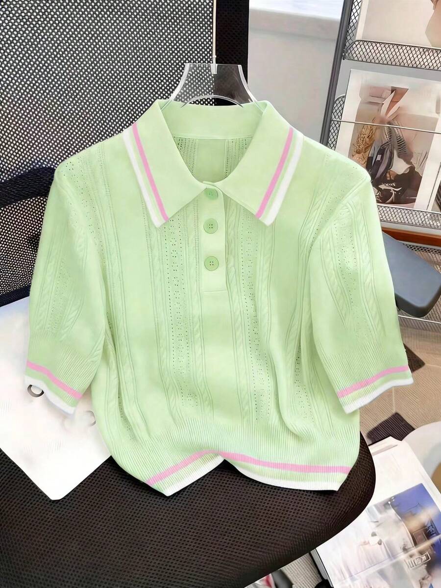 Summer Hollow Design Polo Collar Casual Versatile Niche Knit Top - Mint Green - View 1