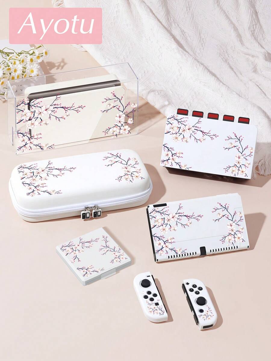 Ayotu Compatible With Switch/Switch OLED/Switch Lite Cherry Blossom Tree Pattern Game Console Shell And Accessories, The Package Includes A Protective Case, Storage Bag, Base Shell, Handle Protective Cover And Other Styles Of Accessories To Choose From.