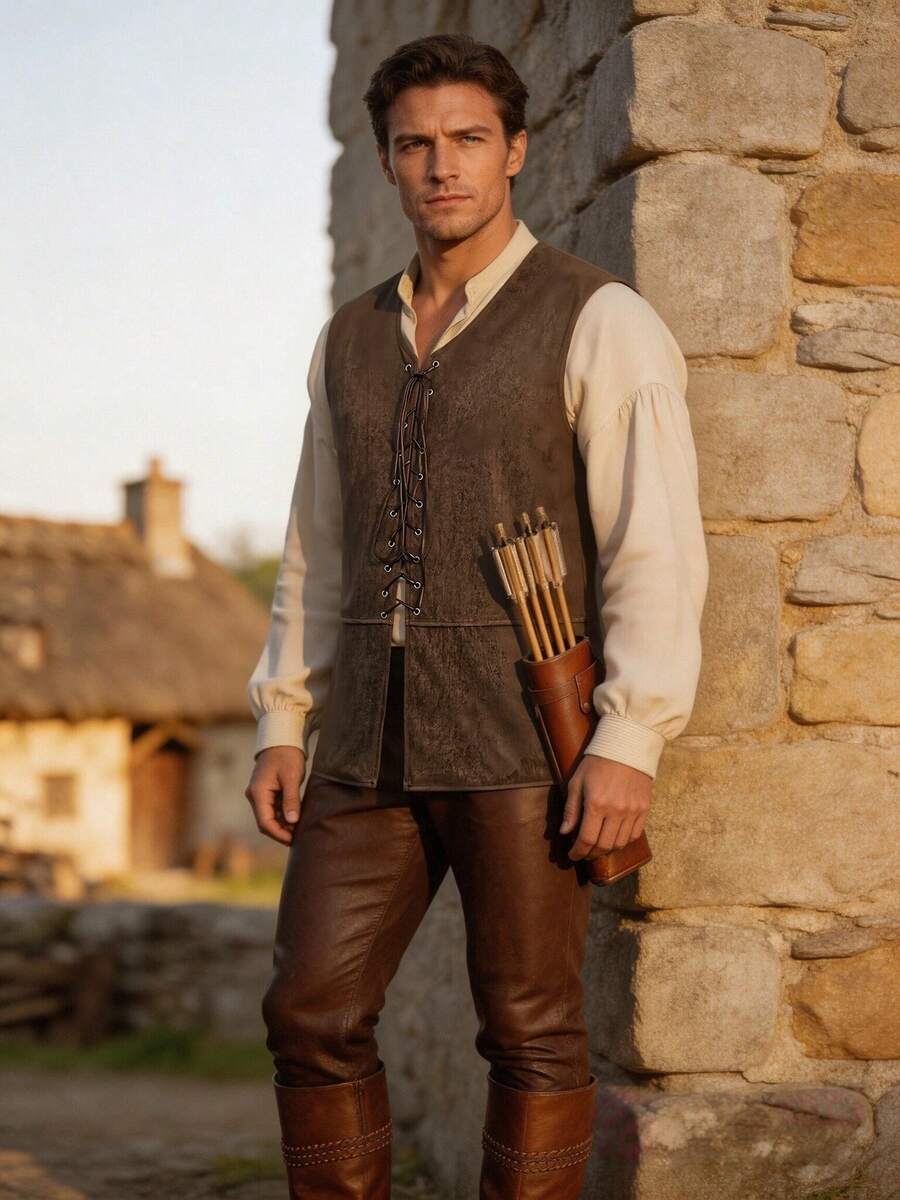 Men's Vintage Lace-Up Casual Solid Color Slim Fit Vest - Brown - View 1