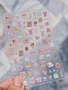 1个5D立体浮雕可爱兔子美甲贴纸 粉色彩虹涂鸦自粘转移滑块 美甲贴纸 DIY贴花 - 彩色 - 查看 7