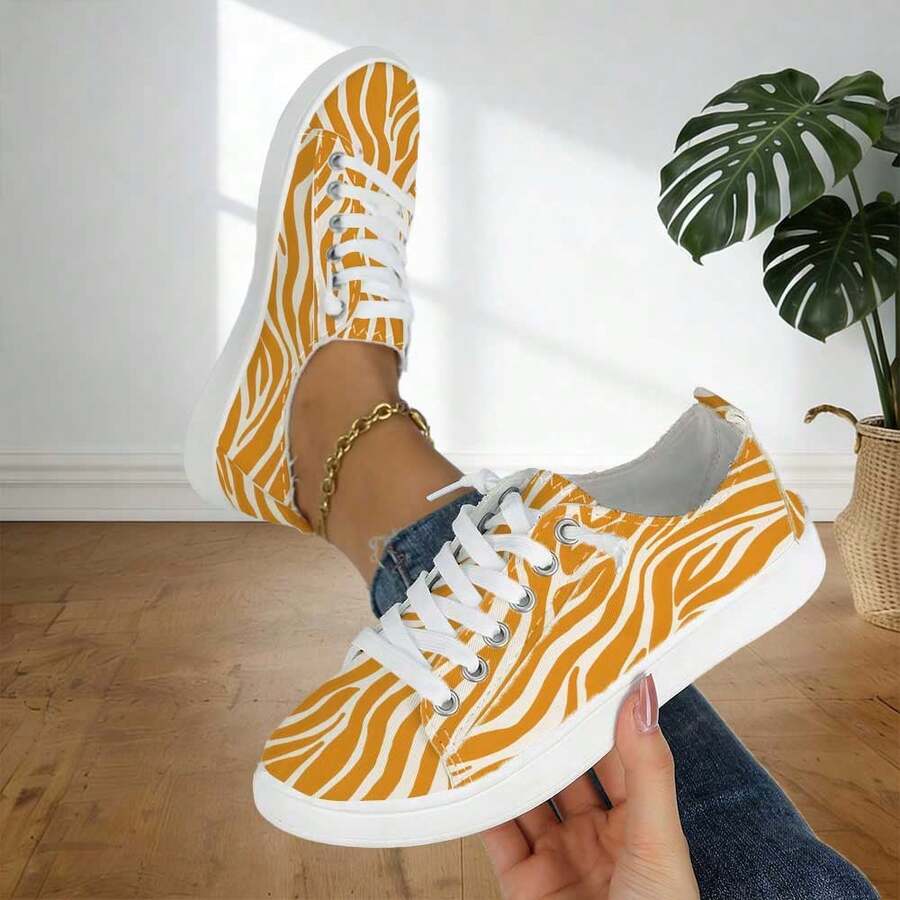 1 Paar Zebra-Muster Damenschuhe, Kontrast in Gelb & Weiß, kreatives Druckmuster, Schnürsenkel, Niedrig-Top Casual Sneaker, vielseitig für Streetwear, Pendeln und alle Jahreszeiten - Orange - Übersicht 1