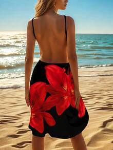 Women's Floral Print Beach Cover Up, Casual Wrap Dress For Summer Vacation Red - Red - View 2