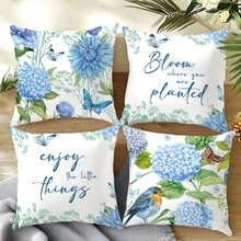 4件套简约日常蓝色绣球花蝴蝶装饰枕套，单面印花桃绒面料，45*45厘米/18*18英寸靠垫套，适用于现代简约沙发、客厅装饰、礼品、派对装饰 - 彩色 - 查看 10