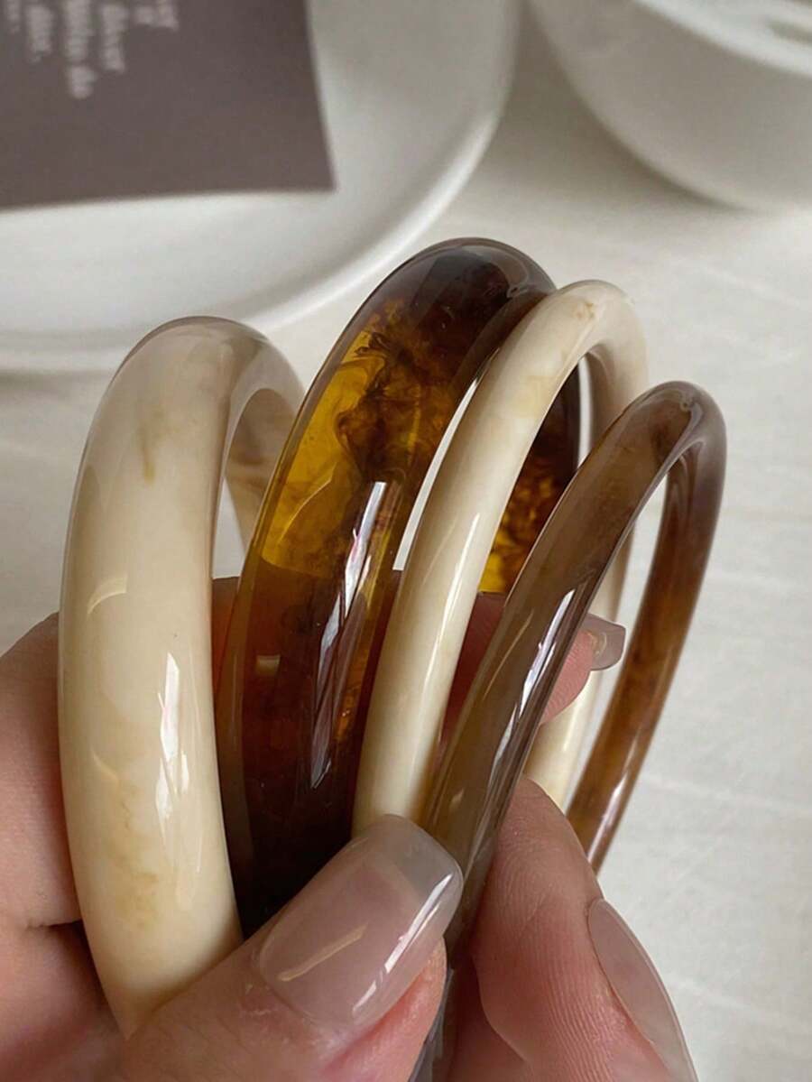 4件/組 時尚百搭手工樹脂圓形女孩手鍊組,酷配件 - 彩色 - 查看 1