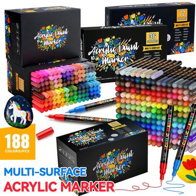 Bộ bút dạ acrylic 36/72/120/188 màu, đầu bút mảnh 0.7mm, thích hợp cho các công việc chi tiết phức tạp, mực chảy mượt và khô nhanh, có thể sử dụng trên kính, kim loại, gốm sứ, nhựa, đá, gỗ, giấy, vải bố và nhiều chất liệu thủ công khác. Sản phẩm bán chạy.