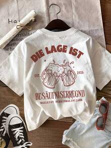100% Cotton Summer T-Shirt, Double-Sided Print, Short Sleeve, Crew Neck, With 'Die Lage Ist' Beer Print, Regular Fit And Slight Stretch For Comfort - White - View 3