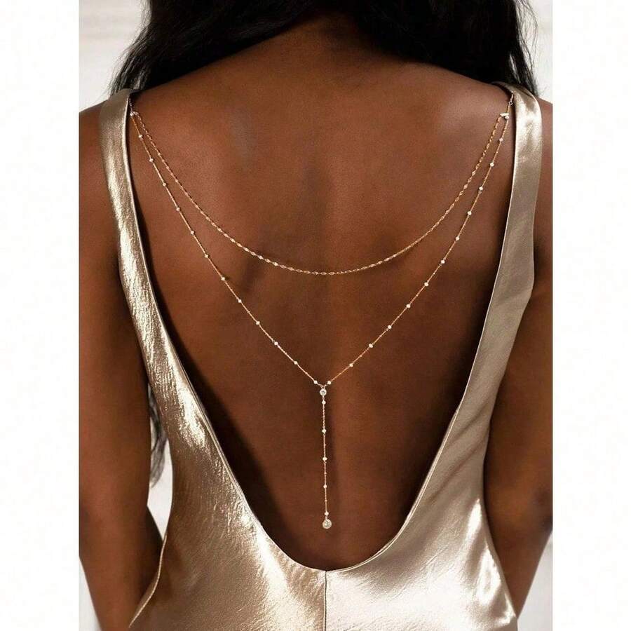 Cute Goth Y2K Aesthetic Luxury Shiny Back Necklace For Brides, Elegant Two-Layer Design With Delicate Pendants, Perfect For Wedding Dress, Evening Gown, Prom And Formal Occasions. Lightweight & Comfortable To Wear, Stylish Body Jewelry To Highlight Back Lines. Ideal As Bridal Gift, Bridesmaid Gift Or Wedding Accessory, Exquisite Golden Decor Enhances Romantic & Elegant Temperament For Big Days. - 金色 - 查看 1