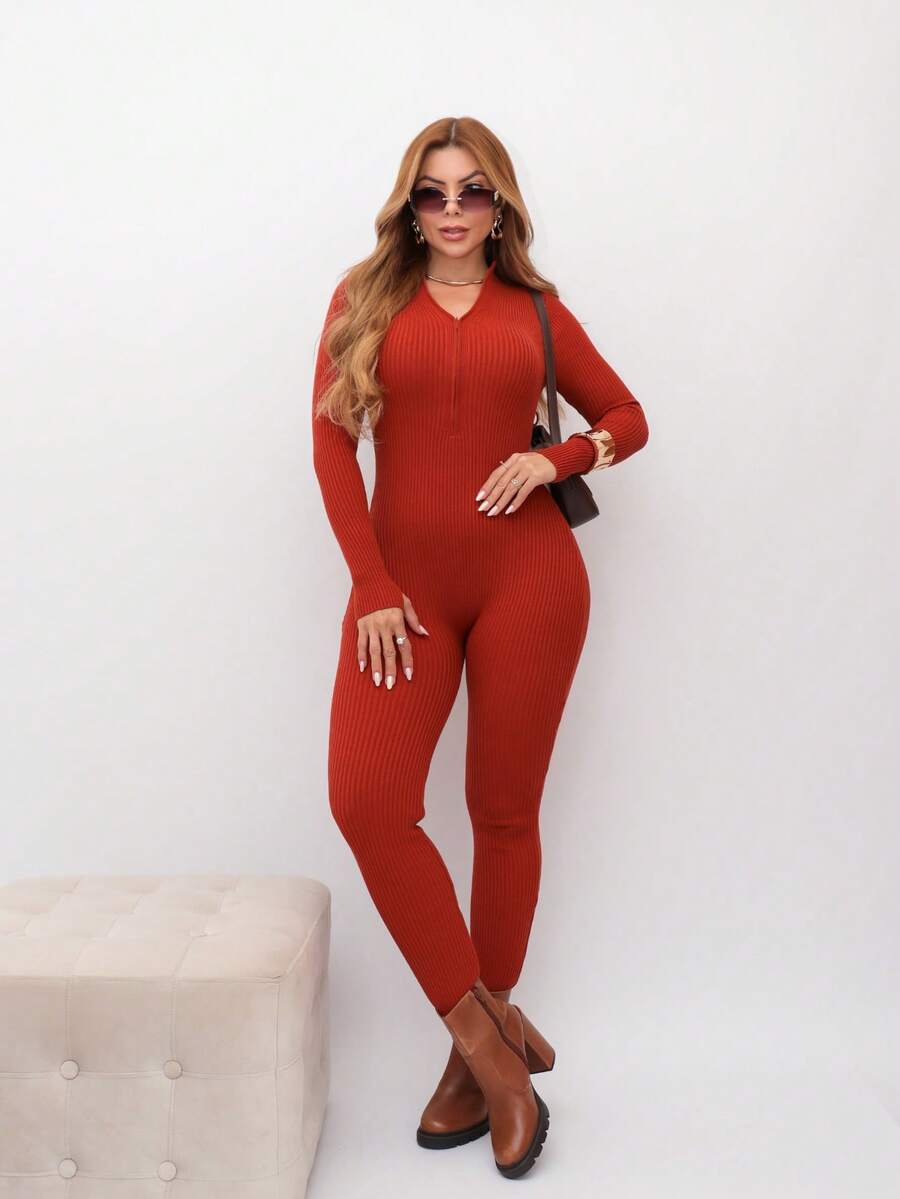 Virginia Ribbed Jumpsuit Tricot Modal With Zipper On The Front Great Quality Women's Jumpsuit Long Sleeve Fashion Style - RUST - View 1