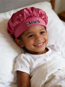 1顶儿童亮粉色缎面睡帽，十二生肖图案，柔软舒适，保护头发，适合上学、睡衣派对和夜间旅行，适合3-16岁儿童 - 玫紅色 - 查看 2