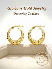 2只装女士金色椭圆形耳环，14k镀金不锈钢材质，轻巧小巧，厚实有型，低过敏性，生日情人节礼物/首饰 - 油壓耳環 - 查看 1