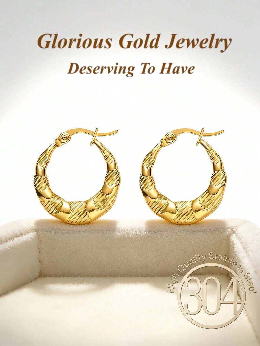 2只装女士金色椭圆形耳环，14k镀金不锈钢材质，轻巧小巧，厚实有型，低过敏性，生日情人节礼物/首饰 - 油壓耳環 - 查看 1