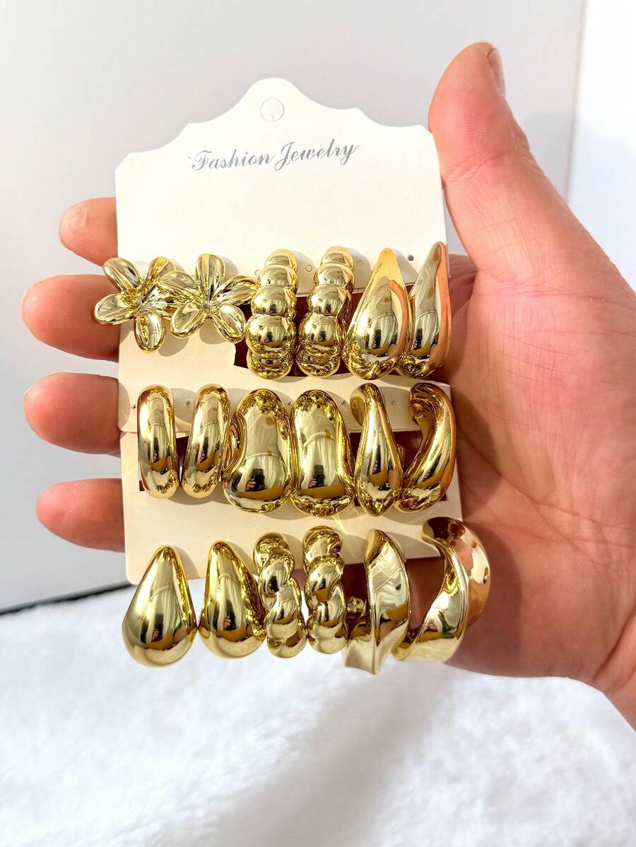 18pcs/Set Fashionable & Elegant Earring Set, Suitable For Daily Outings, Gatherings, Gifts, Travel, And Vacation Wear - Gold - View 1