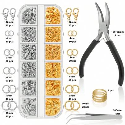 4/5/6/8/10mm Gold/White K Single Loop DIY Kit With Pliers Tweezers Lobster Clasp, For Jewelry Making, Necklace Repair, Connecting Small Chains And Earrings, Making Bracelets, Repairing Necklaces, Creating Chains And Other Jewelry DIY Projects
