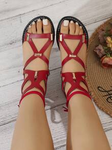 Women's Metal Buckle Design Lace-Up Flat Sandals, Bohemian Style Open Toe Beach Roman Shoes For Summer - Red - View 5