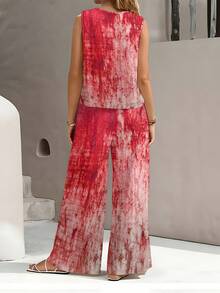 Plus Size Women's Two Piece Set, Red Background Distressed Mottled Print Sleeveless Vest And Wide Leg Long Pants Two Piece, Loose Straight Version, High Waisted Wide Leg Pants With Pockets, Suitable For Festival Parades, Outdoor Leisure, Vacation Daily, Early And Midsummer Travel Outfits - 彩色 - 查看 2