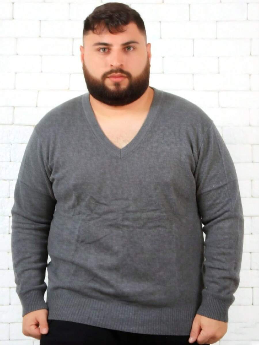 Plus Size Men's Winter Sweater/Blouse With V-Neck, Sizes G2-G5 - Dark Grey - View 1