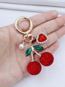 1pc Elegant Cherry Keychain With Rhinestone & Green Gemstone Accents – Golden-Tone Chain Bag Charm | Sparkling Cherry Pendant, Fashion Key Ring, Cute Fruit Keychain, Shiny Bag Decoration, Detailed Craftsmanship | Perfect Accessory For Women & Girls, Ideal For Handbags, Backpacks, Wallets, Car Keys | Great Gift For Valentine's Day, Mother's Day, Birthday, Party, Wedding, Graduation, Christmas & Everyday Use - Multicolor - View 12