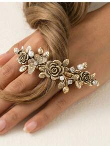 1pc Vintage Floral Leaf Butterfly Faux Pearl Rhinestone Hair Clip, Suitable For Summer, Holiday, Travel - Bronze - View 4