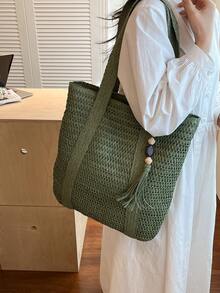 Minimalist Solid Color Large Capacity Commuter Straw Bag, Artistic Wide Braid Handbag, Vacation Style Shoulder Bag - Green - View 4