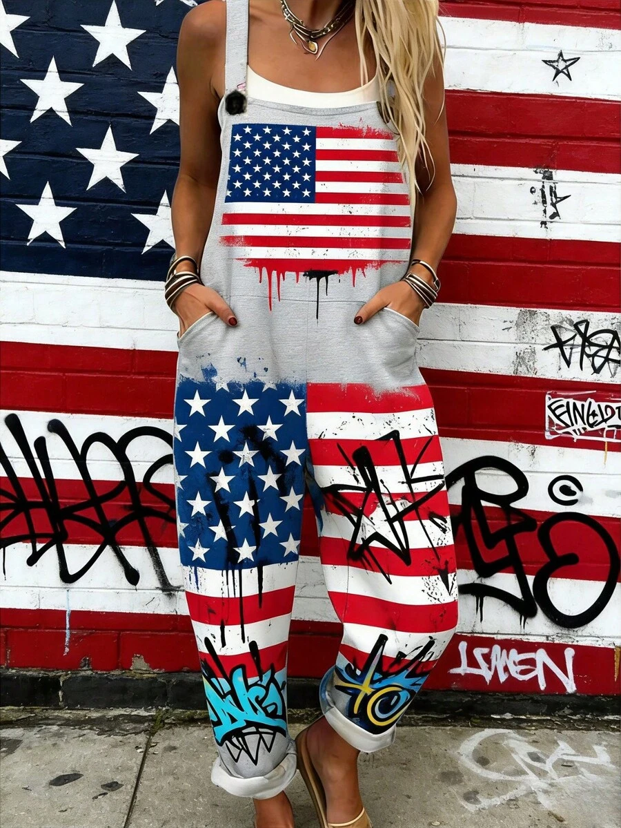 American Flag And Graffiti Print Women's Adjustable Strap Jumpsuit, Polyester, Lightweight And Breathable, Women's Clothing, Regular Women's Clothing, Women's Jumpsuits And Rompers, Women's Jumpsuit, Women's Plus Size Jumpsuit - 彩色 - 查看 1