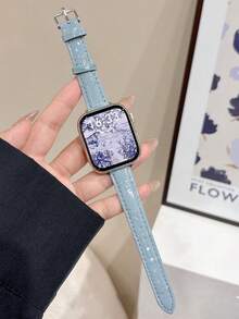 时尚品牌 D 字母金属装饰软皮表带，兼容 46mm 38mm 40mm 41mm 42mm 44mm 45mm 49mm，优雅女士珍珠色真皮替换表带，适用于 Series 11 10 9 8 7 6 5 SE Ultra 2，时尚配饰，圣诞节和情人节礼物之选。 - 淺藍色 - 查看 3